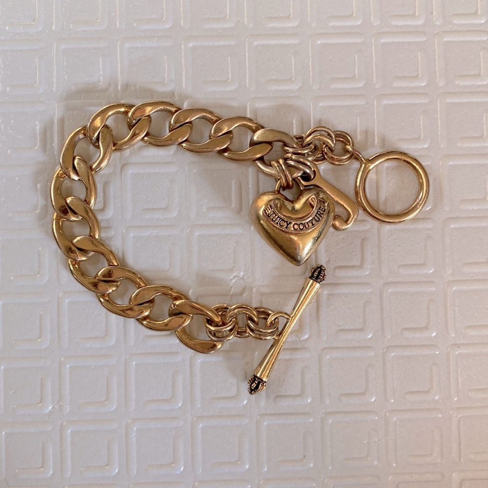 Vintage Juicy Couture Puff Heart with J Charm Bracelet 7" Gold Tone Jewelry